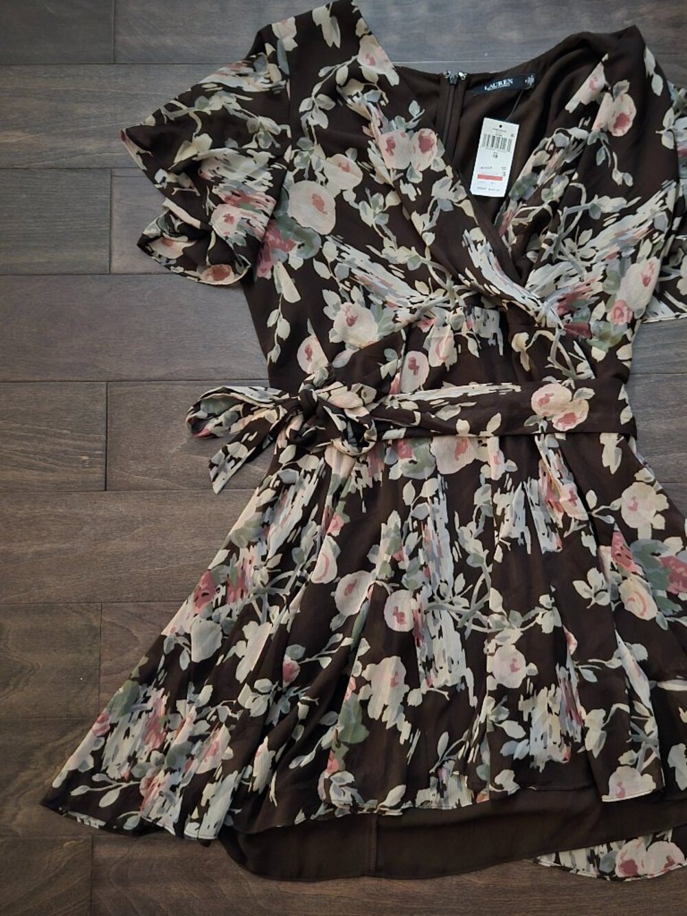 Brown fall floral wrap dress